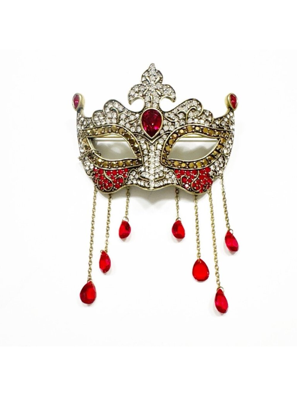 Vintage OffPark Collection GoldTone Red Rhinestone Masquerade Mask Brooch